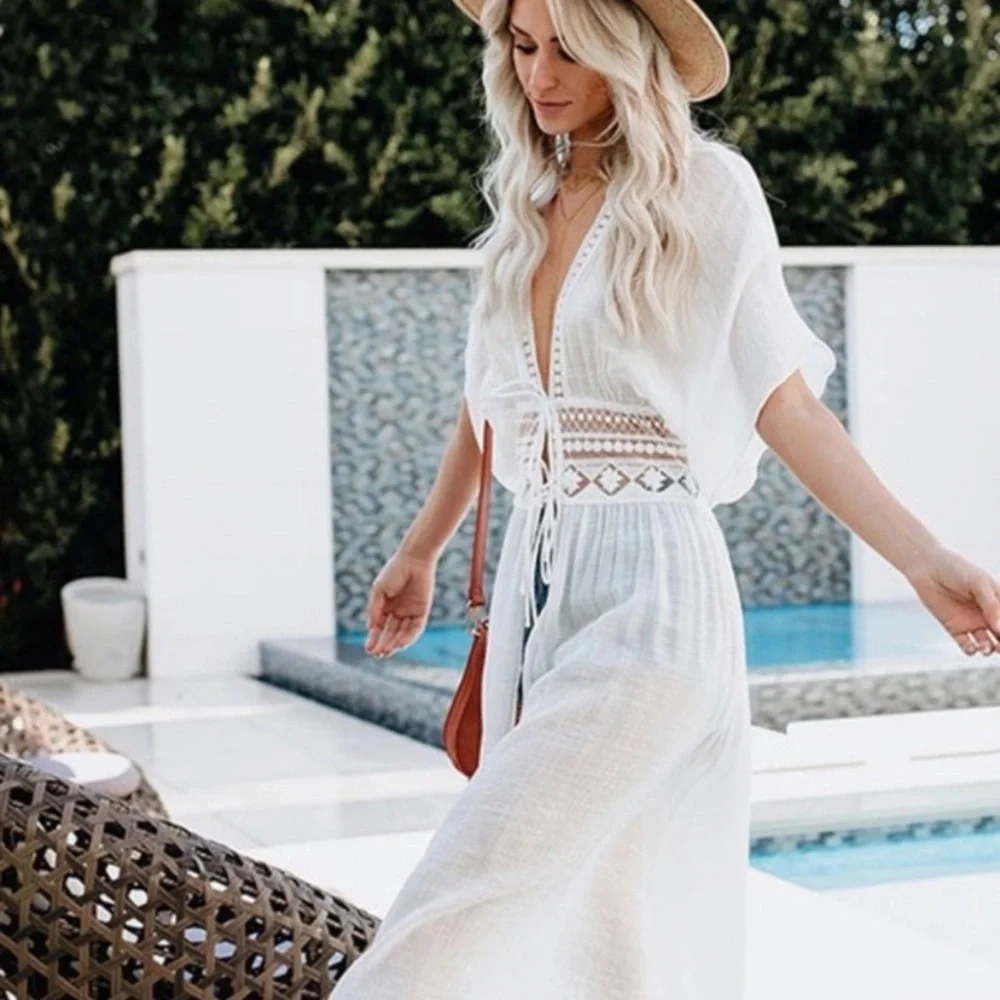 LAST 1️⃣🌻New Beautiful White Bohemian Tie Front Open Style Kimono,Lace - Picture 9 of 10